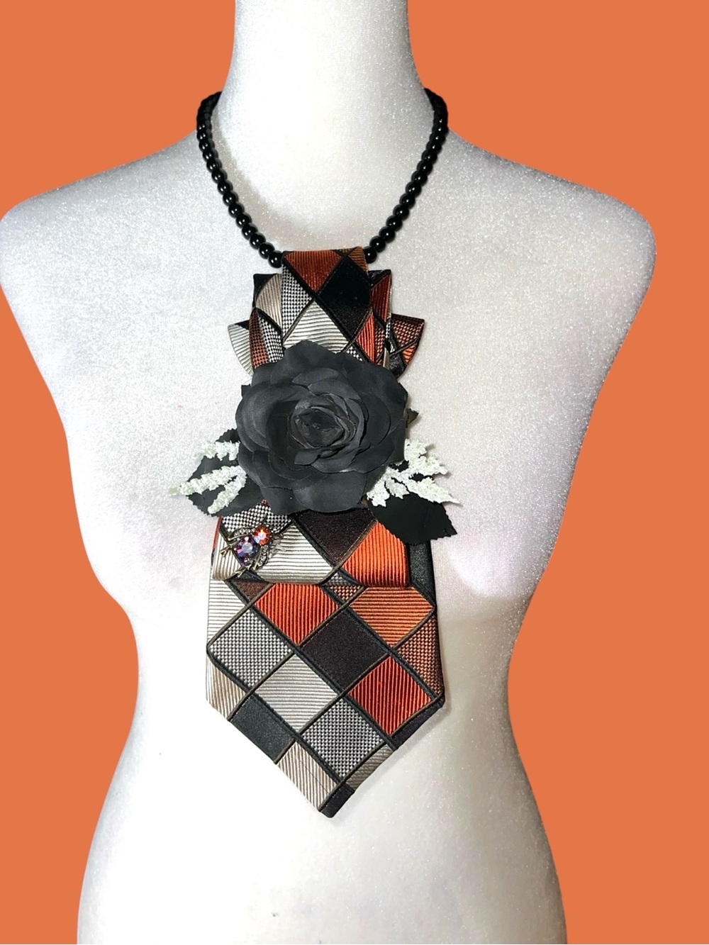 Handcrafted Black and Orange Geometric Statement necktieNecklace with Black Rose